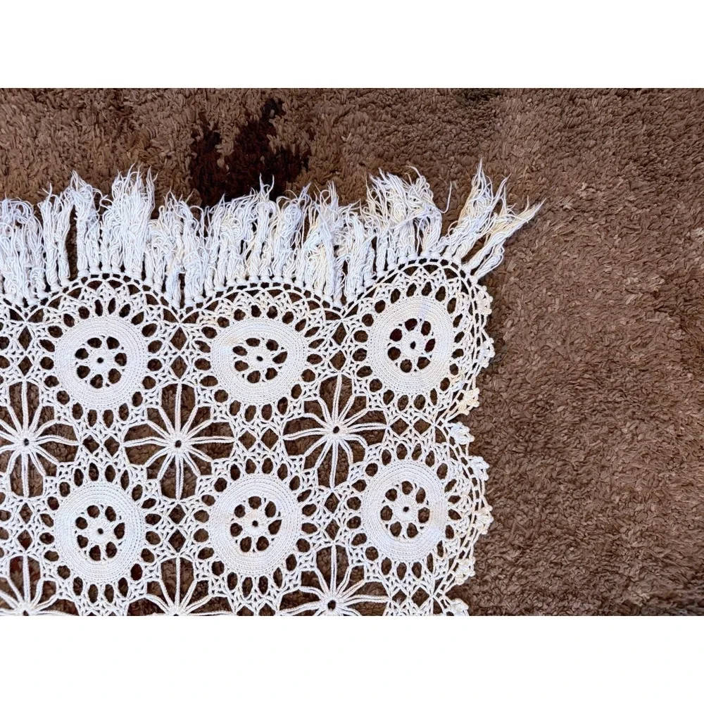 VTG Cream Cotton Handmade Fine Crochet Lace Fringe Table Runner‎ 23x49